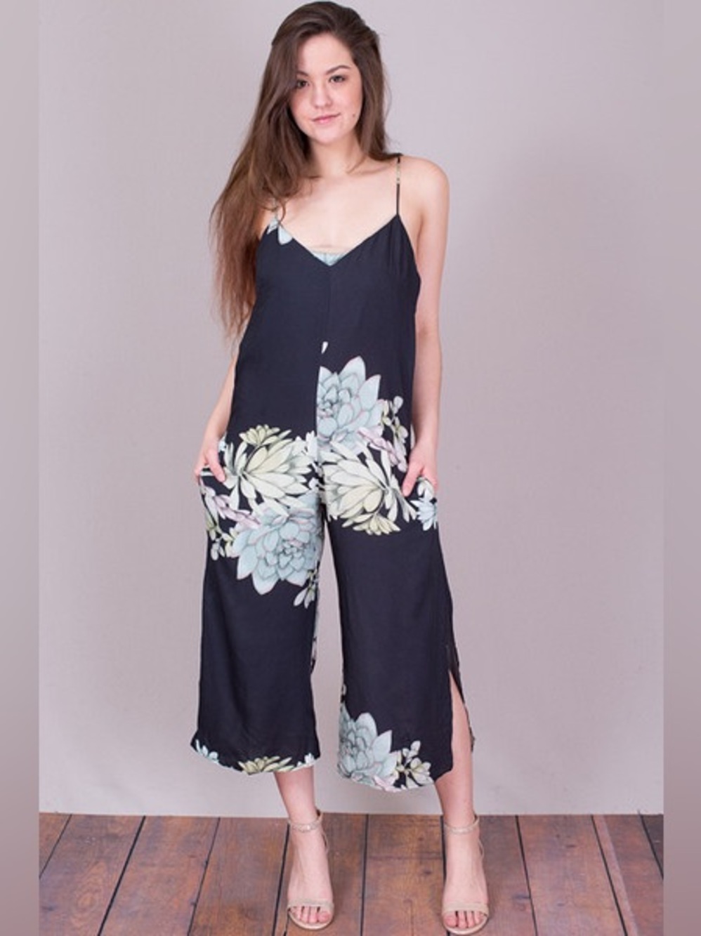 Stillwater Dark Gray & Green Side Slip Succulent Print Jumpsuit Romper Size S
